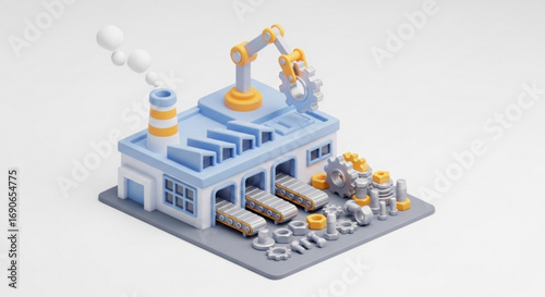 Isometric cartoon factory illustration with robotic arm and conveyor belts for industrial automation