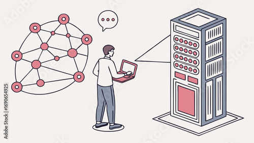 Isometric illustration of a person using a laptop to manage a network server and data connections.