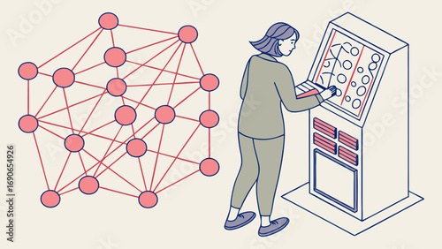 Isometric illustration of a person interacting with a network interface data visualization connection technology concept.