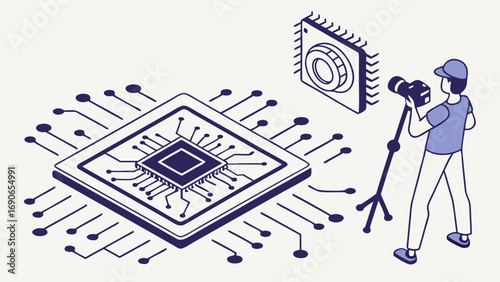 Isometric Illustration of a Photographer Capturing a Microchip with a Camera on a Tripod.