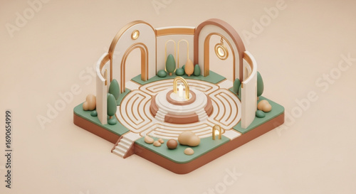 Isometric 3d render of a fantasy garden maze with trees and arches for game design and illustration use