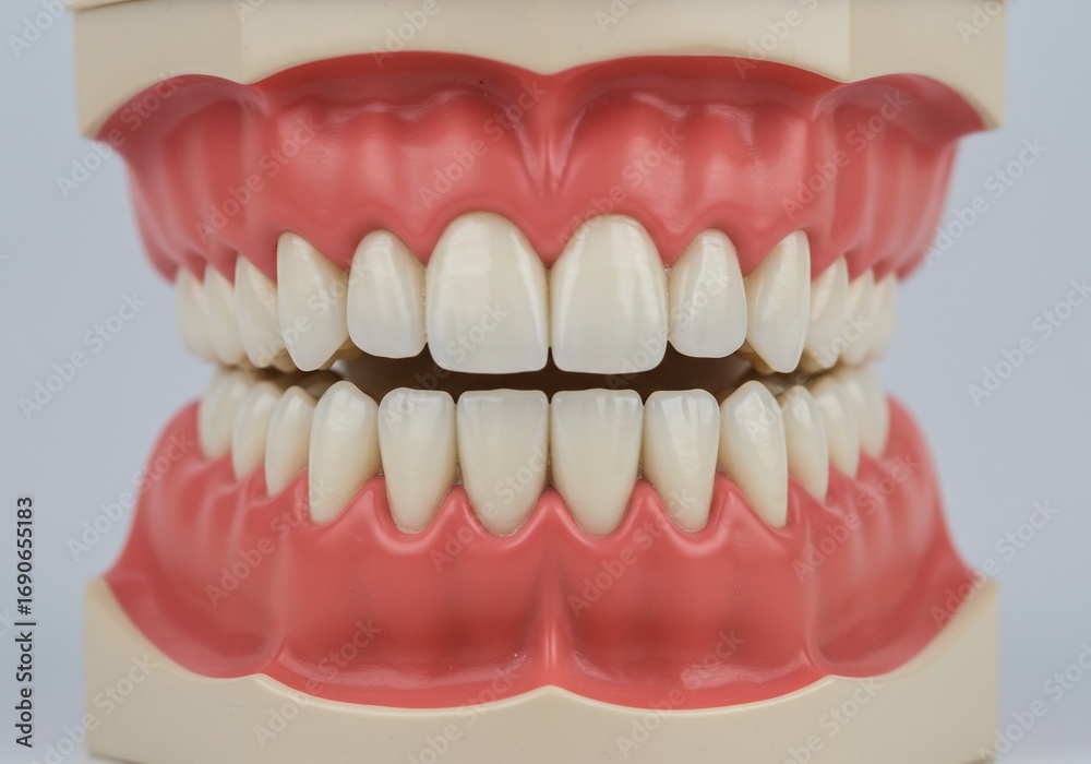 Obraz premium A dental model showing a complete set of teeth with pink gums on a plain background in a studio shot