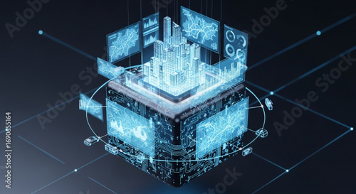 Smart city digital technology concept with modern architecture and data analysis visualization for innovation