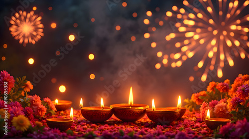 Diwali Night Celebration with Diyas, Flowers, and Fireworks