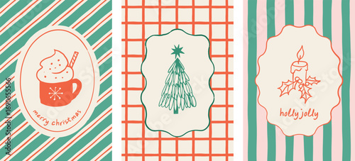 Merry Christmas hand drawn greeting cards, banners, prints. La dolce vita style illustrations with Xmas trees, decorations and wreath. Vector design 