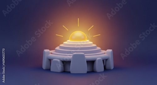 Golden light source on a tiered platform with stone supports 3d render for creative design projects