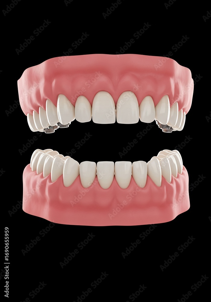 Obraz premium A dental model showing the upper and lower sets of teeth with pink gums on a black background