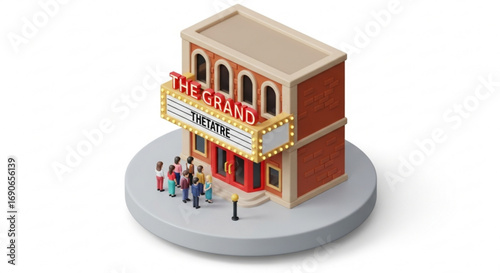 Isometric grand theater illustration with people waiting in line for a showtime performance and event tonight
