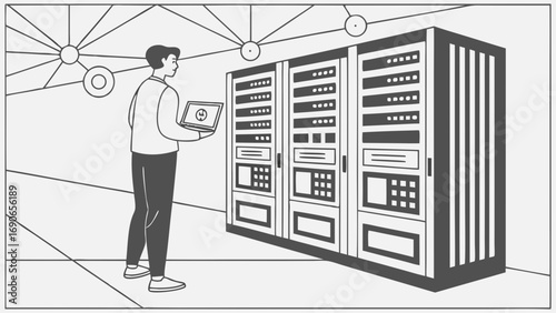 IT professional working with servers data center network infrastructure technology computer laptop digital modern graphic illustration design element business occupation worker employment support mai.