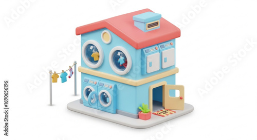 Cute cartoon laundromat building vector illustration for laundry service and washing machine business logo design