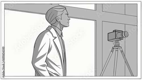 Man in suit watching camera on tripod grayscale illustration professional photography videography filming.