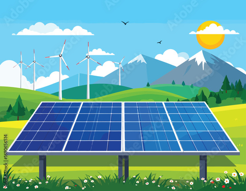Clean Green Energy - Solar Panels and Wind Turbines.