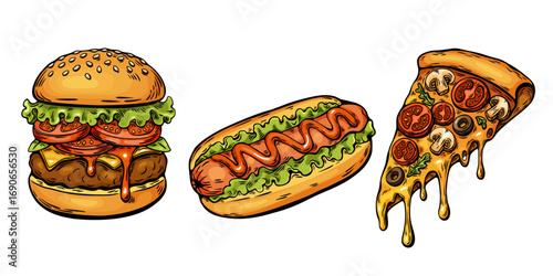 Hand drawn fast food combo with burger, hotdog and pizza illustration