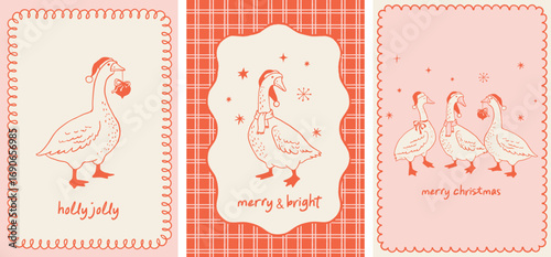 Merry Christmas hand drawn greeting cards, banners, prints. La dolce vita style illustrations with Xmas trees, decorations and goose in Santa's hat. Vector design 