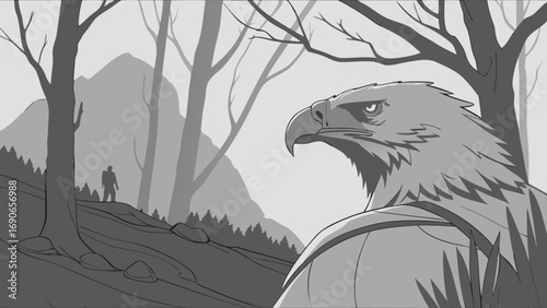 Monotone illustration of an eagle and a hiker in a forest landscape.