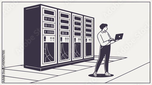Person using laptop near large servers IT support data center concept illustration.