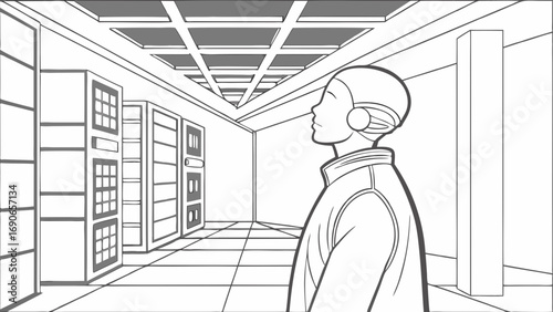 Person walking down a hallway with servers.