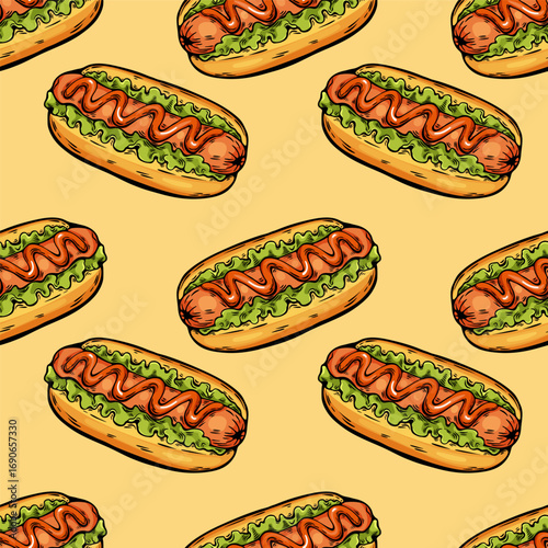 Seamless hotdog pattern with mustard on yellow background in sketch style
