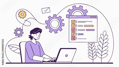 Person working on laptop with checklist and gears illustration project management workflow task planning process.