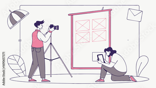 Photo shoot photographer using camera on tripod assistant reviewing images on tablet studio setup design mockup creative process visual content creation illustration graphic design art photography te.