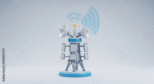 Illustration of communication tower with satellite dishes and wifi signal for telecom infrastructure network