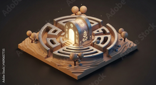 3d render of fantasy maze with glowing portal and trees for game design and illustration artwork