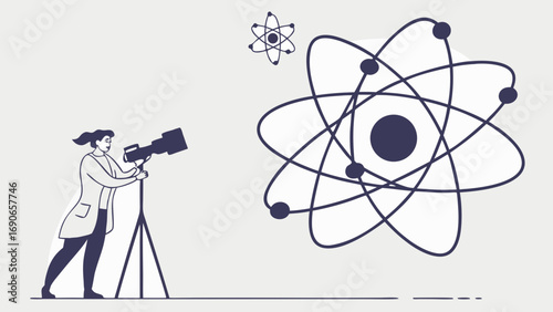 Science Illustration Person Photographing Atom Model Scientific Research Technology Concept.