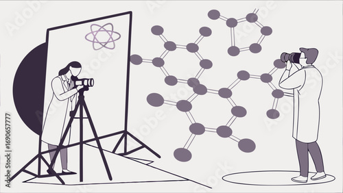 Science photography molecular structure lab illustration chemistry concept researchers camera tripod atom graphic design scientific research science background scientific illustration technology vect.