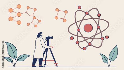 Science illustration Scientist with camera atomic model and molecular structures.