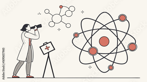 Scientist observing atomic structure and molecular model with binoculars and medical kit.