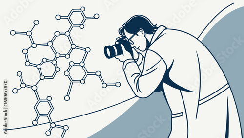 Scientist photographing molecular structure science illustration chemistry research lab experiment technology discovery innovation medical healthcare pharmaceutical biotechnology vector art graphic d.