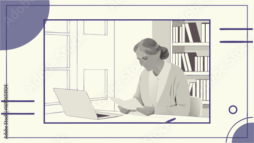 Senior Woman Working at Home Office with Laptop and Documents.