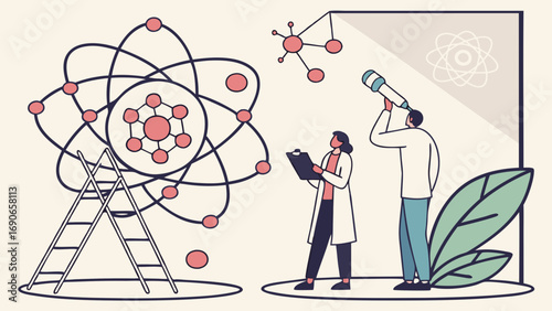 Scientists examining atomic structures and molecular models scientific research lab illustration science concept atom molecule research discovery innovation technology experiment laboratory chemistry.