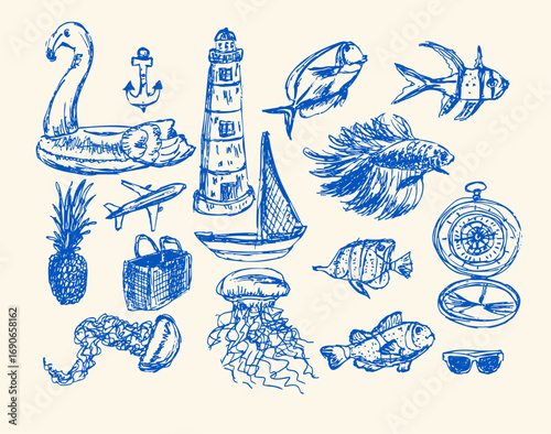 Nautical Sketch Collection Summer Vacation Seaside Icons