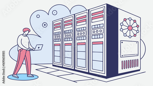 Server Room Illustration Technician with Laptop and Network Servers.