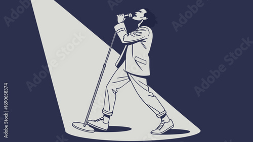 Singer performing on stage illuminated by spotlight music concert vocal performance microphone stylish outfit stage lighting entertainment show performance art musician live music concert photography.