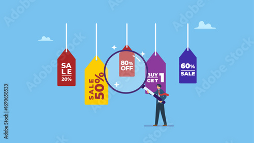 Young man finding special bargain sale price tag. Bargain sale event, finding discount retail price, coupon or promotion offer, price advantage for customer, consumer, special price marketing. 