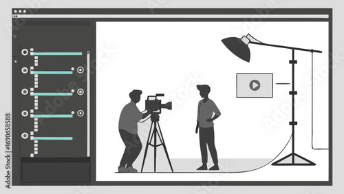 Studio filming video production cameraman interview lighting editing software broadcast television film movie media video shoot set recording production filmmaking technology equipment scene professi.