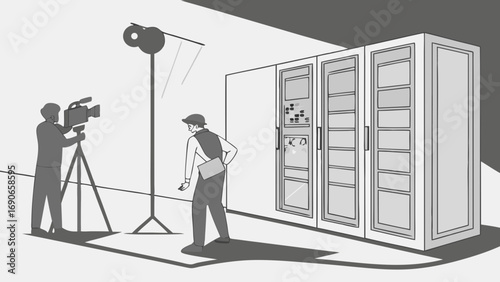 Studio Filmmaking Scene Cameraman Director and Equipment Illustration.
