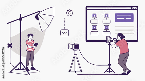 Studio Photography Session Video Production Content Creation Behind the Scenes Filmmaking Digital Media Workflow Creative Process Lighting Setup Camera Equipment Photo Shoot Video Shoot Multimedia Pr.