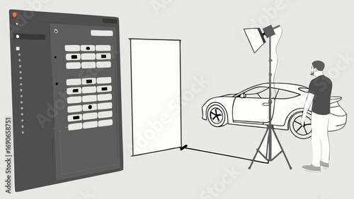 Studio Photography Setup Graphic Illustration of a Vehicle Product Shoot.