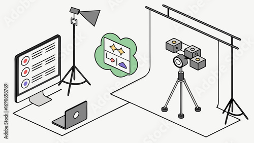 Studio Photography Setup Isometric Illustration of Lighting Equipment Computer and Laptop.