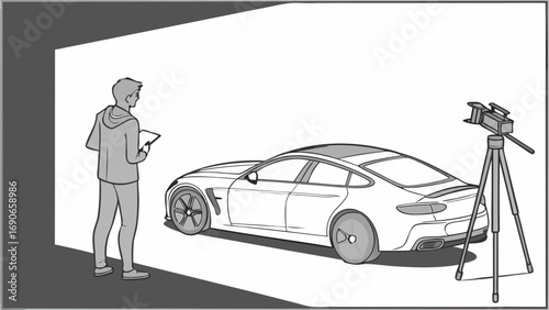 Studio photography car photoshoot person reviewing images digital tablet vehicle inspection automotive illustration professional photography grayscale image modern car back view tripod camera equipme.