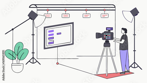 Studio Setup with Cameraman Filming Video Production Filmmaking Broadcasting Illustration Movie Making Concept.
