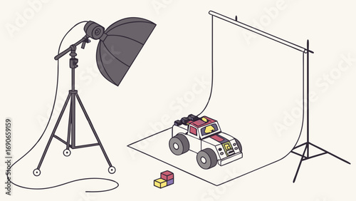 Studio Setup with Lighting Equipment and Toy Vehicle for Product Photography.
