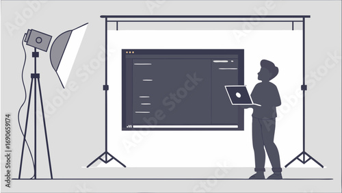 Studio Setup with Person and Laptop Photo or Video Production Digital Content Creation Backdrop Lighting Equipment.