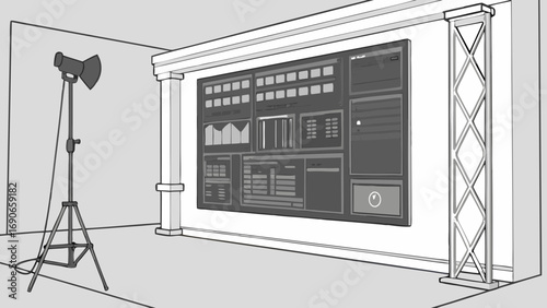Studio Setup with Lighting and Control Panel Illustration.