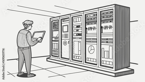 Technician reviewing data on a server rack in a data center sketch style illustration.
