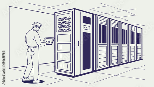 Technician using tablet in server room data center illustration technology concept.