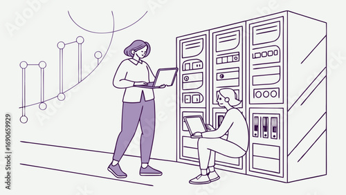 Two colleagues working together on laptops in a server room concept illustration.